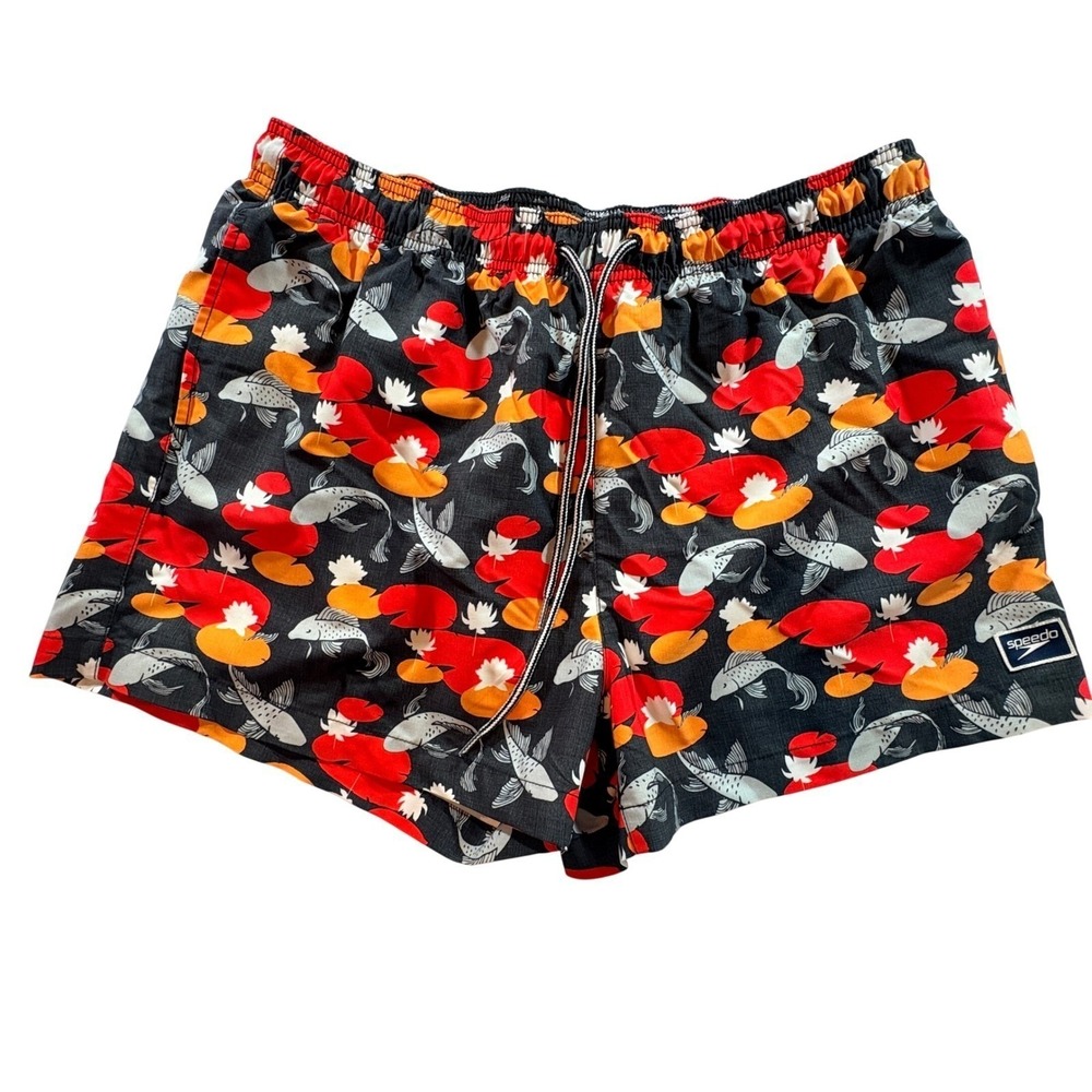 Speedo Swim Trunks Mens XXL Black Koi Fish Lily Pad Print Mesh Board Shorts